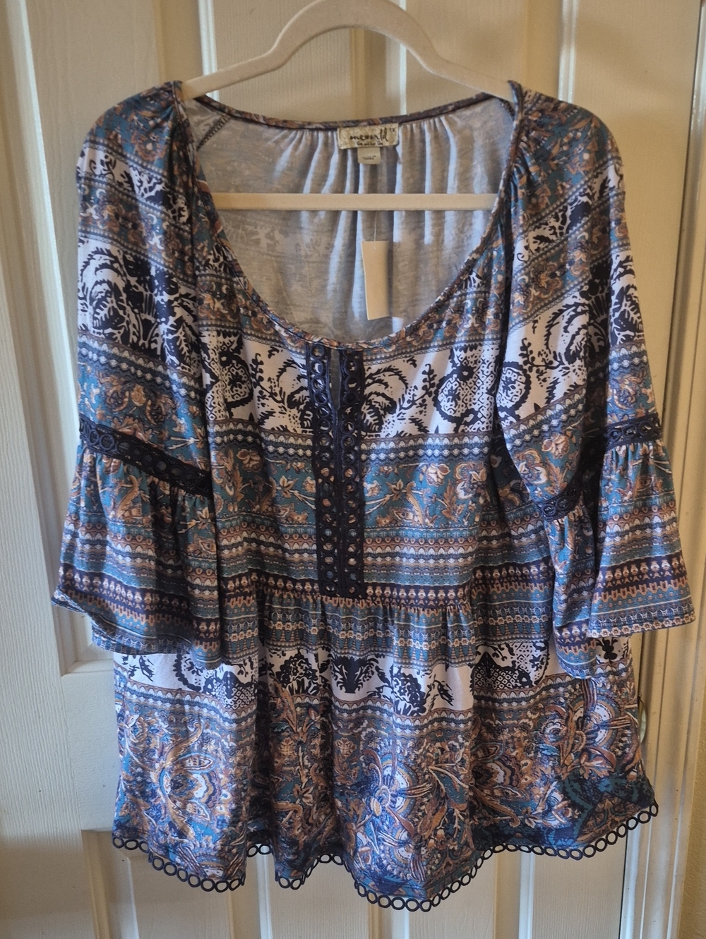 Boho Peasant Top in Teal & Navy - Unknown Brand
